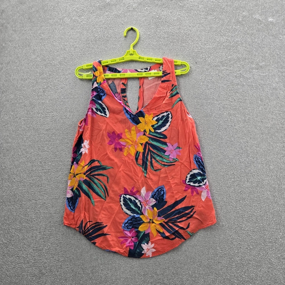 Old Navy Women Tank‎ Top M Orange Floral Hawaiian Shirt Scoop Neck Pullover
